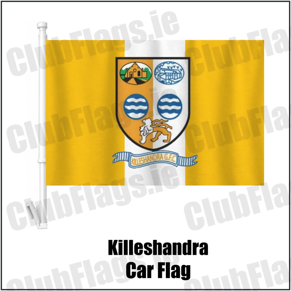 Killeshandra Car Flag in gold and white, featuring the club crest on realistic fabric with gentle vertical folds; County Cavan GAA. ClubFlags.ie.