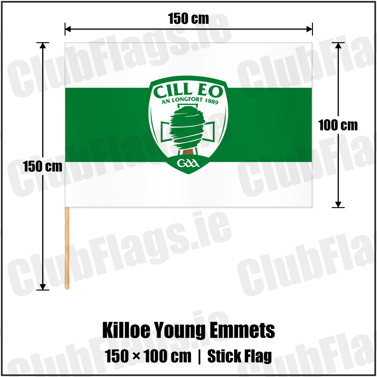Killoe Young Emmets 100cm x 150cm Stick Flag with the club crest and colours, Longford GAA - ClubFlags.ie