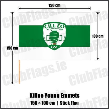 Killoe Young Emmets 100cm x 150cm Stick Flag with the club crest and colours, Longford GAA - ClubFlags.ie