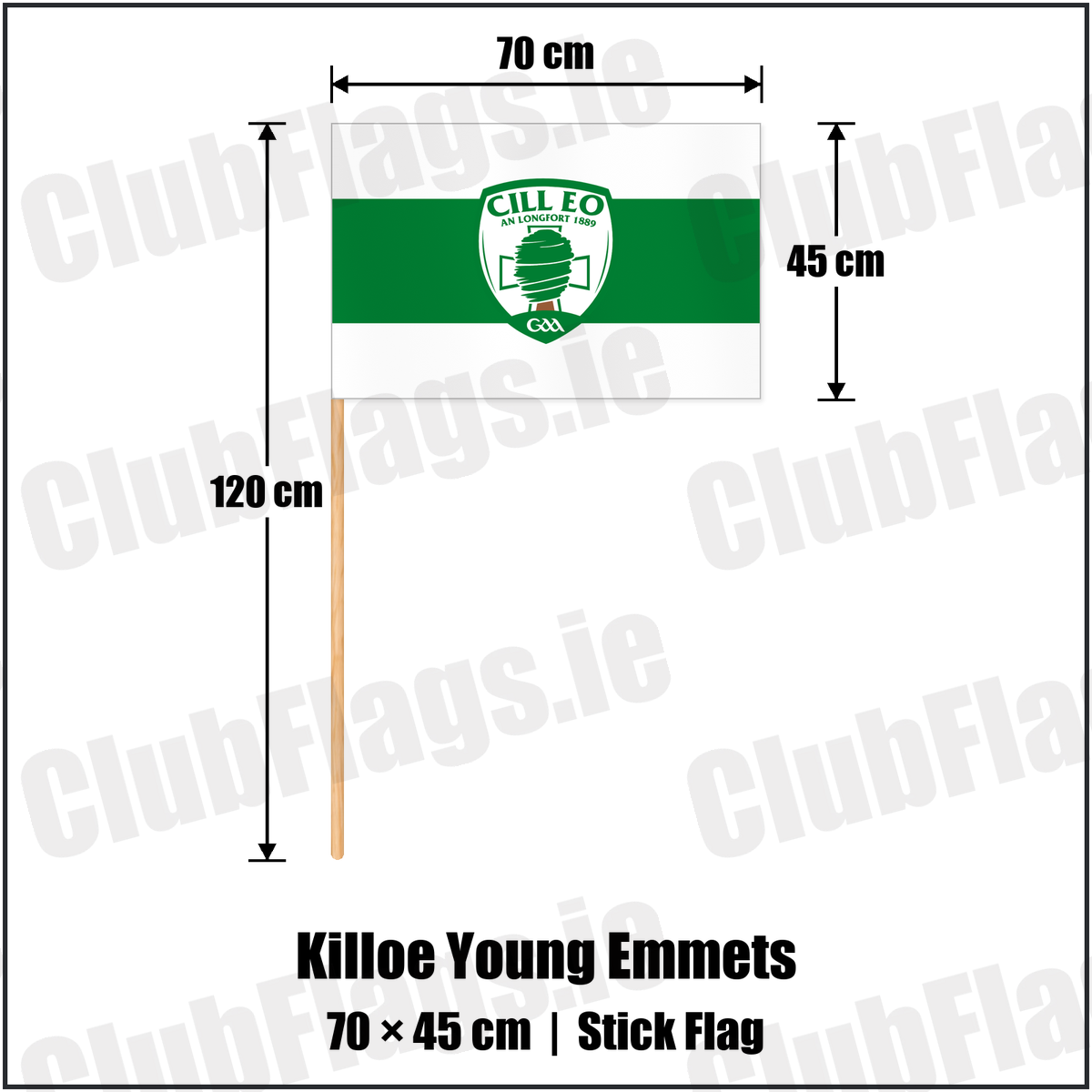 Killoe Young Emmets 45cm x 70cm Stick Flag with the club crest and colours, Longford GAA - ClubFlags.ie