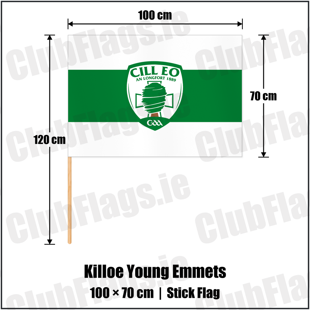 Killoe Young Emmets 70cm x 100cm Stick Flag with the club crest and colours, Longford GAA - ClubFlags.ie