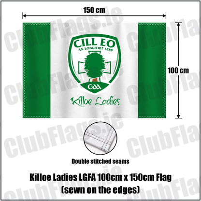 Killoe Ladies LGFA 100cm x 150cm Flag (sewn on the edges), featuring the club crest and green and white colours; County Longford ladies Gaelic football. ClubFlags.ie.
