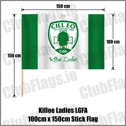 Killoe Ladies LGFA 100cm x 150cm Stick Flag, featuring the club crest and green and white colours; County Longford ladies Gaelic football. ClubFlags.ie.