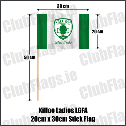 Killoe Ladies LGFA 20cm x 30cm Stick Flag, featuring the club crest and green and white colours; County Longford ladies Gaelic football. ClubFlags.ie.