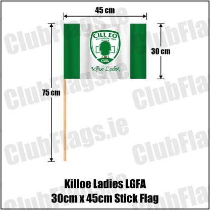 Killoe Ladies LGFA 30cm x 45cm Stick Flag, featuring the club crest and green and white colours; County Longford ladies Gaelic football. ClubFlags.ie.