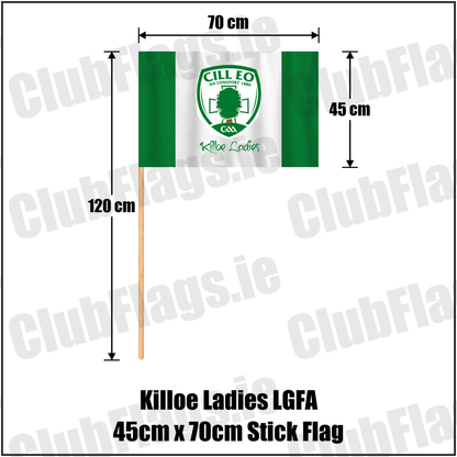 Killoe Ladies LGFA 45cm x 70cm Stick Flag, featuring the club crest and green and white colours; County Longford ladies Gaelic football. ClubFlags.ie.
