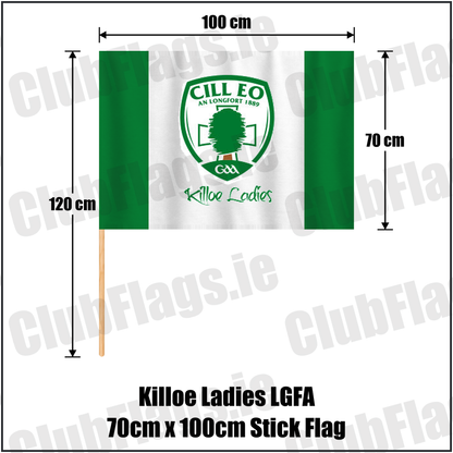 Killoe Ladies LGFA 70cm x 100cm Stick Flag, featuring the club crest and green and white colours; County Longford ladies Gaelic football. ClubFlags.ie.