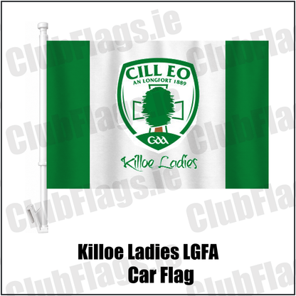 Killoe Ladies LGFA Car Flag, featuring the club crest and green and white colours; County Longford ladies Gaelic football. ClubFlags.ie.