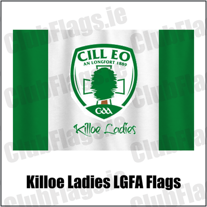Killoe Ladies LGFA Flags, featuring the club crest and green and white colours; County Longford ladies Gaelic football. ClubFlags.ie.