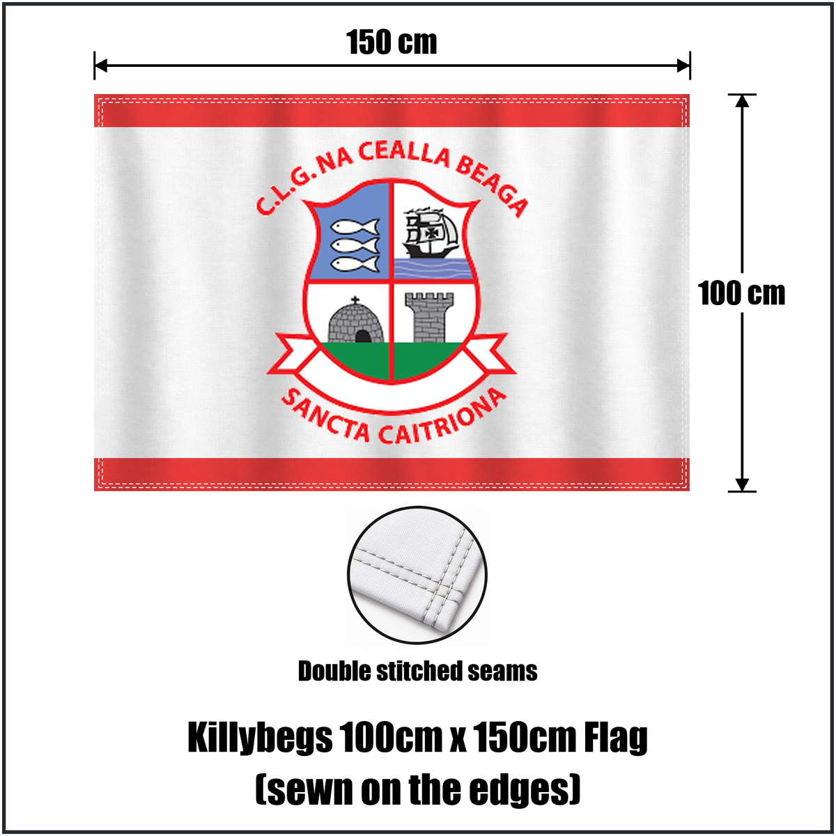 Killybegs 100cm x 150cm Flag (sewn on the edges), featuring the club crest and red and white colours; County Donegal GAA. ClubFlags.ie.