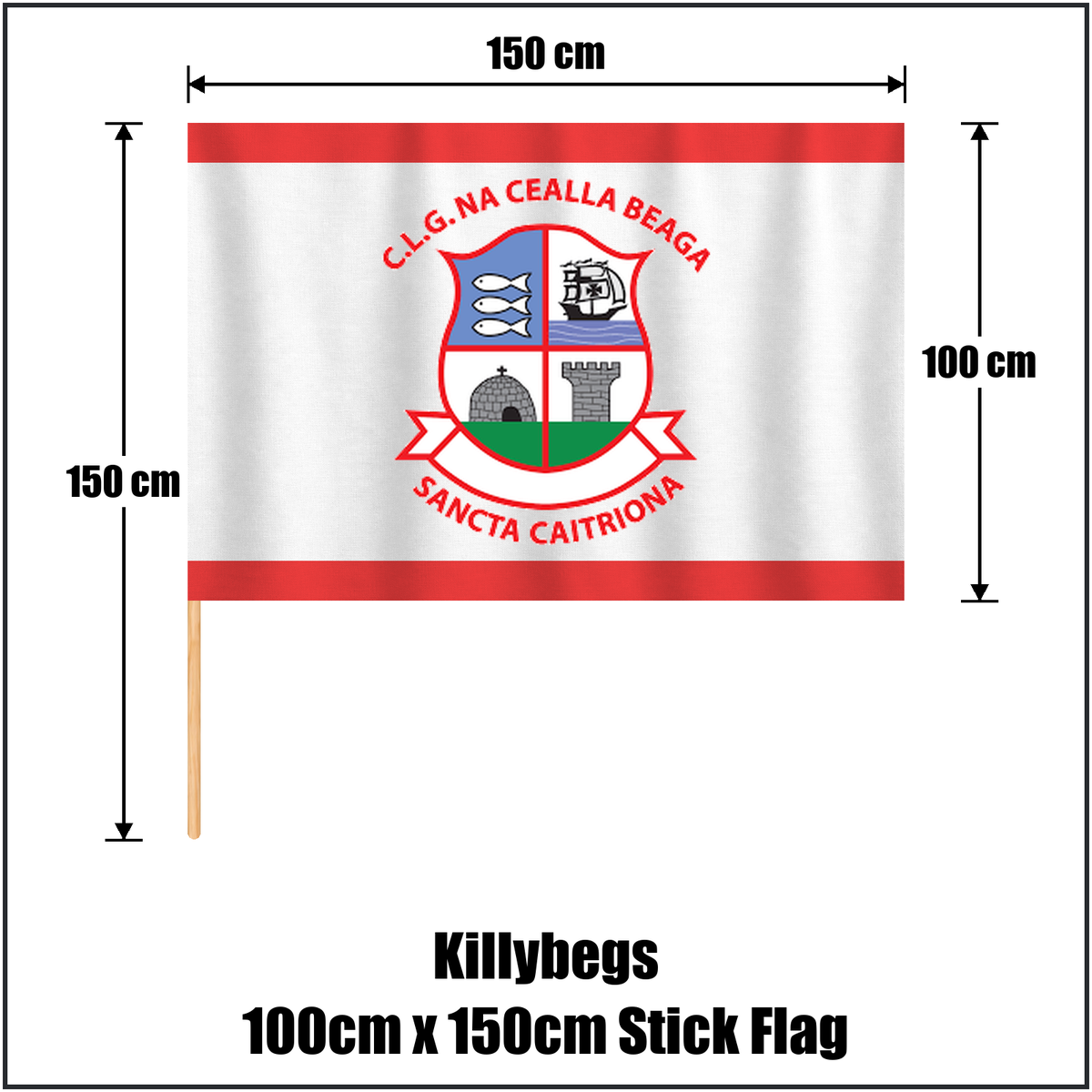 Killybegs 100cm x 150cm Stick Flag, featuring the club crest and red and white colours; County Donegal GAA. ClubFlags.ie.