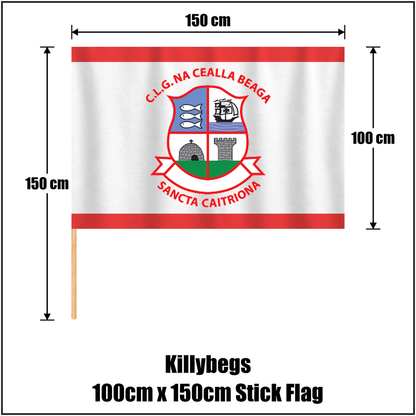 Killybegs 100cm x 150cm Stick Flag, featuring the club crest and red and white colours; County Donegal GAA. ClubFlags.ie.