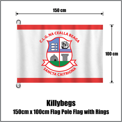 Killybegs 150cm x 100cm Flag Pole Flag with Rings, featuring the club crest and red and white colours; County Donegal GAA. ClubFlags.ie.