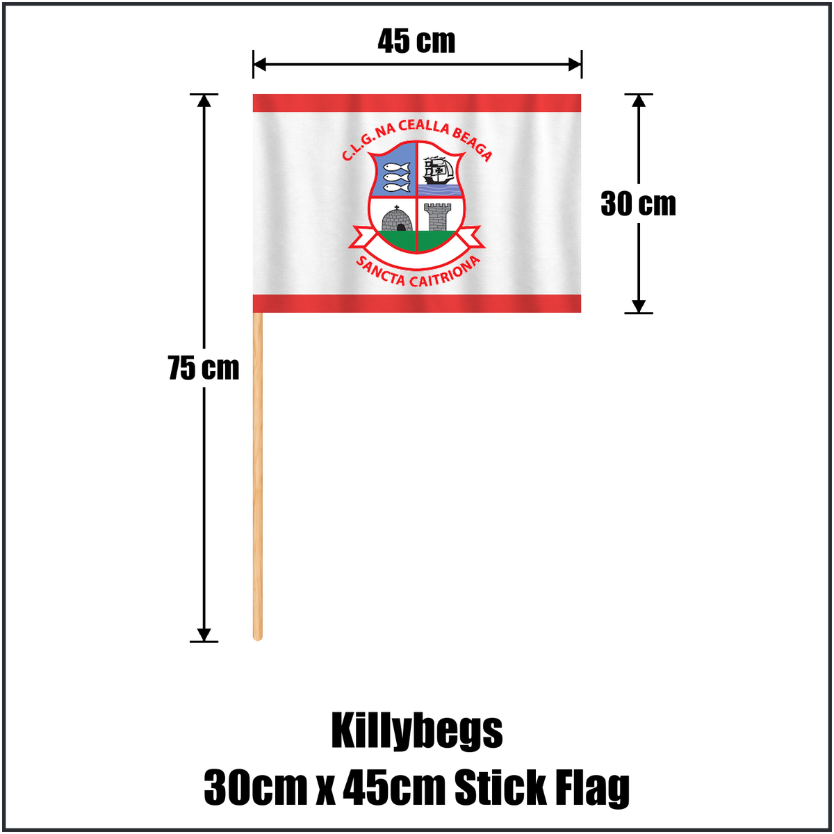 Killybegs 30cm x 45cm Stick Flag, featuring the club crest and red and white colours; County Donegal GAA. ClubFlags.ie.