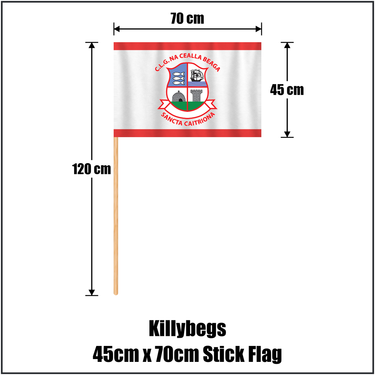Killybegs 45cm x 70cm Stick Flag, featuring the club crest and red and white colours; County Donegal GAA. ClubFlags.ie.