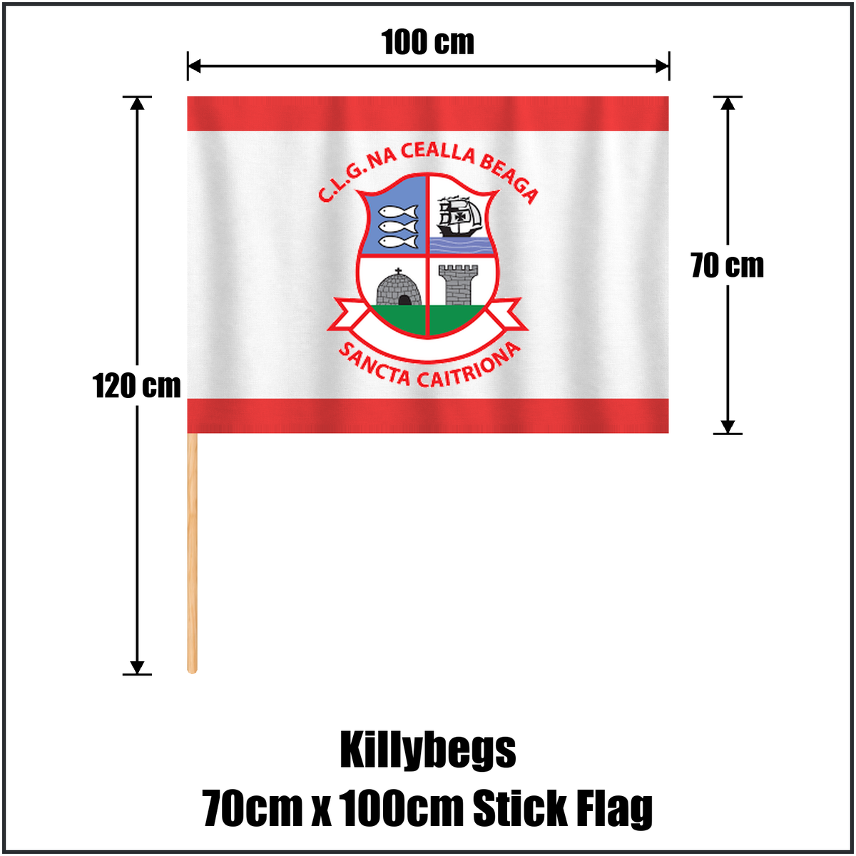 Killybegs 70cm x 100cm Stick Flag, featuring the club crest and red and white colours; County Donegal GAA. ClubFlags.ie.