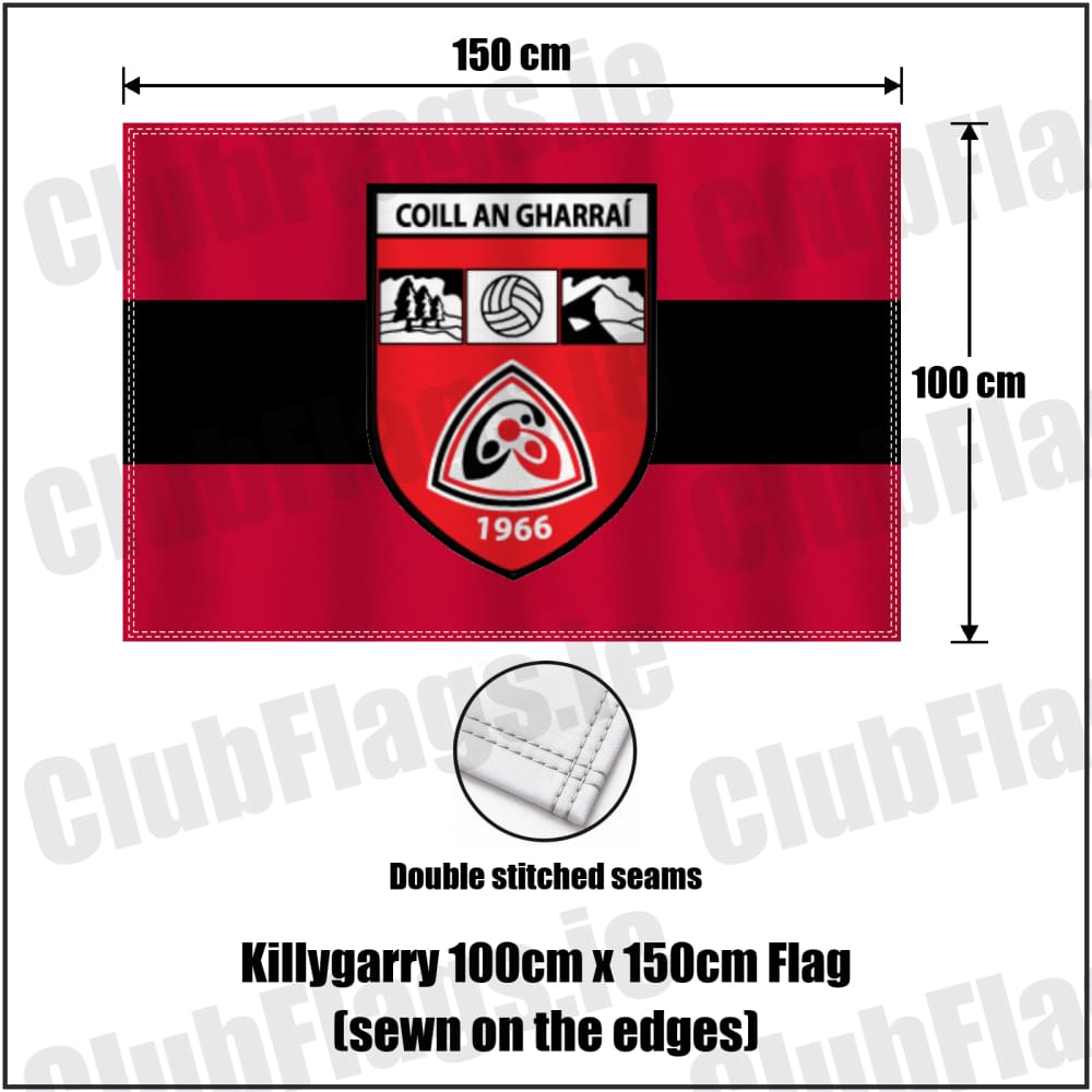Killygarry 100cm x 150cm Flag (sewn on the edges) in red and black, featuring the club crest on realistic fabric with gentle vertical folds; County Cavan GAA. ClubFlags.ie.