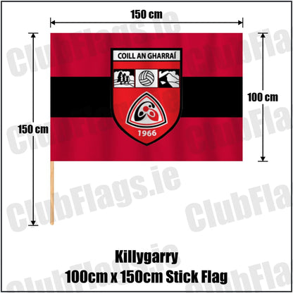 Killygarry 100cm x 150cm Stick Flag in red and black, featuring the club crest on realistic fabric with gentle vertical folds; County Cavan GAA. ClubFlags.ie.