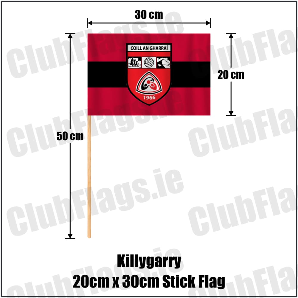 Killygarry 20cm x 30cm Stick Flag in red and black, featuring the club crest on realistic fabric with gentle vertical folds; County Cavan GAA. ClubFlags.ie.