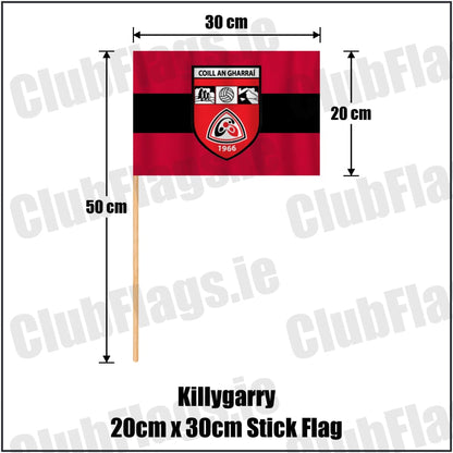 Killygarry 20cm x 30cm Stick Flag in red and black, featuring the club crest on realistic fabric with gentle vertical folds; County Cavan GAA. ClubFlags.ie.