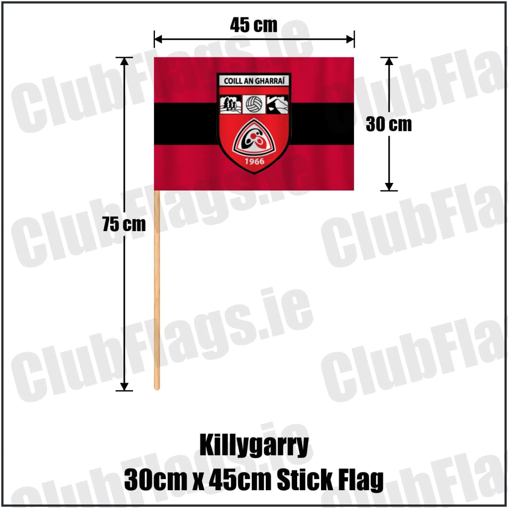 Killygarry 30cm x 45cm Stick Flag in red and black, featuring the club crest on realistic fabric with gentle vertical folds; County Cavan GAA. ClubFlags.ie.