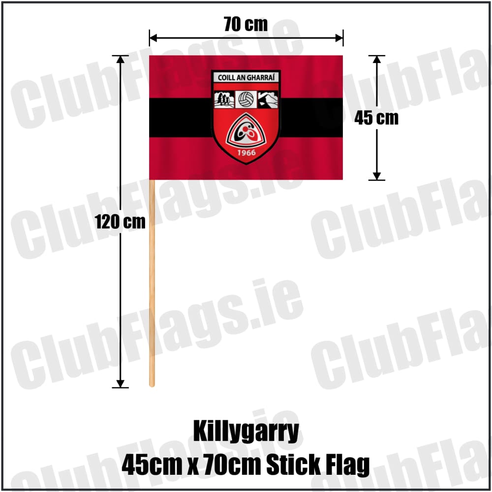 Killygarry 45cm x 70cm Stick Flag in red and black, featuring the club crest on realistic fabric with gentle vertical folds; County Cavan GAA. ClubFlags.ie.