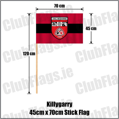 Killygarry 45cm x 70cm Stick Flag in red and black, featuring the club crest on realistic fabric with gentle vertical folds; County Cavan GAA. ClubFlags.ie.