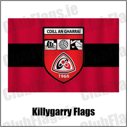 Killygarry Flags in red and black, featuring the club crest on realistic fabric with gentle vertical folds; County Cavan GAA. ClubFlags.ie.