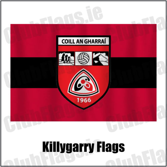 Killygarry Flags in red and black, featuring the club crest on realistic fabric with gentle vertical folds; County Cavan GAA. ClubFlags.ie.