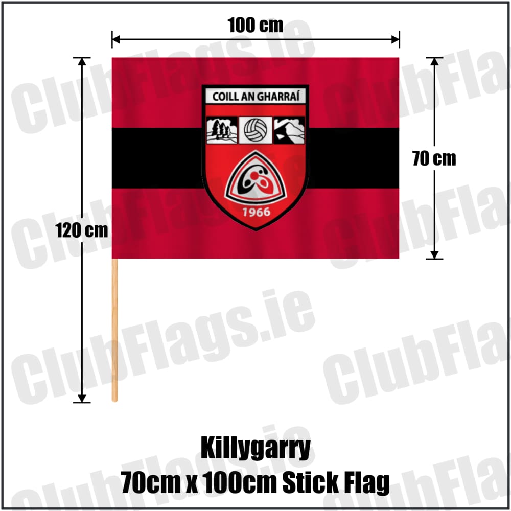 Killygarry 70cm x 100cm Stick Flag in red and black, featuring the club crest on realistic fabric with gentle vertical folds; County Cavan GAA. ClubFlags.ie.