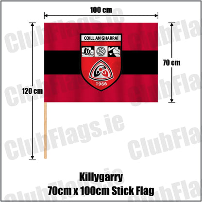 Killygarry 70cm x 100cm Stick Flag in red and black, featuring the club crest on realistic fabric with gentle vertical folds; County Cavan GAA. ClubFlags.ie.
