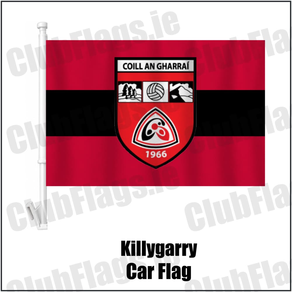 Killygarry Car Flag in red and black, featuring the club crest on realistic fabric with gentle vertical folds; County Cavan GAA. ClubFlags.ie.