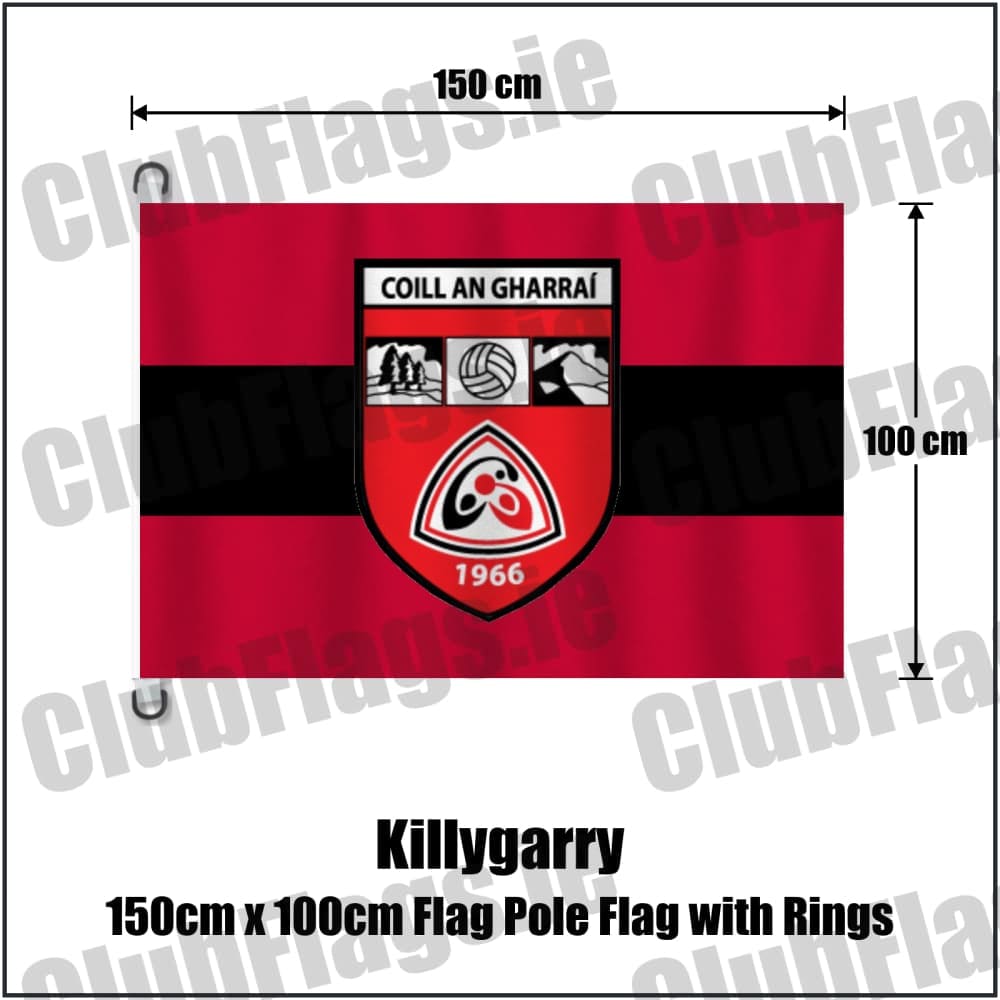 Killygarry 150cm x 100cm Flag Pole Flag with Rings in red and black, featuring the club crest on realistic fabric with gentle vertical folds; County Cavan GAA. ClubFlags.ie.