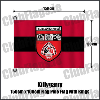 Killygarry 150cm x 100cm Flag Pole Flag with Rings in red and black, featuring the club crest on realistic fabric with gentle vertical folds; County Cavan GAA. ClubFlags.ie.