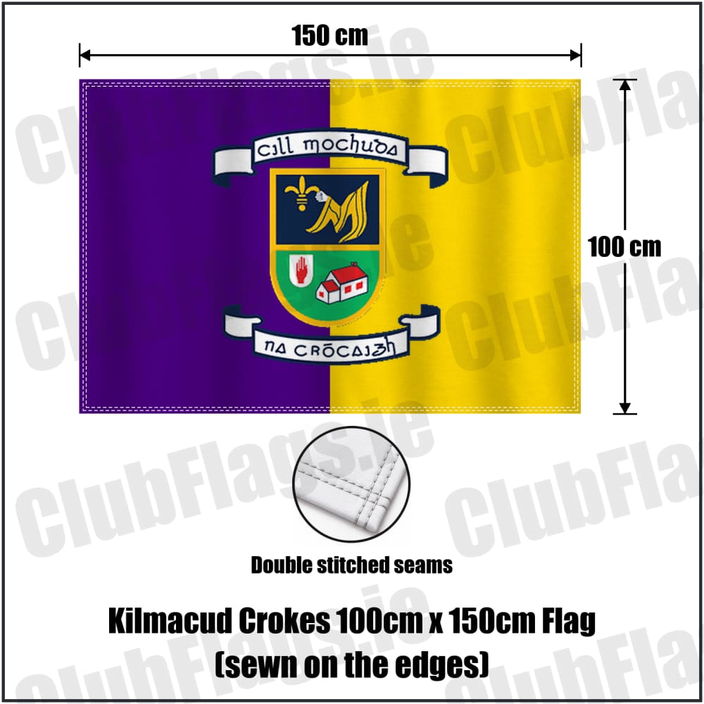 Kilmacud Crokes 100cm x 150cm Flag (sewn on the edges) in purple and gold, featuring the club crest on realistic fabric with gentle vertical folds; County Dublin GAA. ClubFlags.ie.