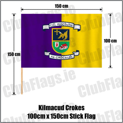 Kilmacud Crokes 100cm x 150cm Stick Flag in purple and gold, featuring the club crest on realistic fabric with gentle vertical folds; County Dublin GAA. ClubFlags.ie.