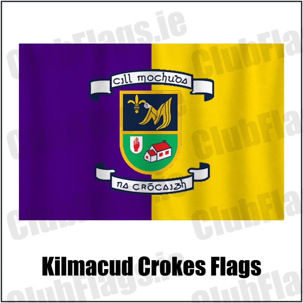 Kilmacud Crokes Flags in purple and gold, featuring the club crest on realistic fabric with gentle vertical folds; County Dublin GAA. ClubFlags.ie.
