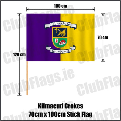 Kilmacud Crokes 70cm x 100cm Stick Flag in purple and gold, featuring the club crest on realistic fabric with gentle vertical folds; County Dublin GAA. ClubFlags.ie.