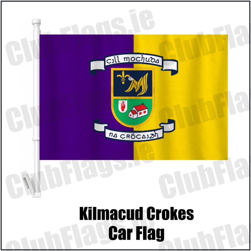 Kilmacud Crokes Car Flag in purple and gold, featuring the club crest on realistic fabric with gentle vertical folds; County Dublin GAA. ClubFlags.ie.