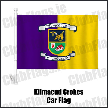 Kilmacud Crokes Car Flag in purple and gold, featuring the club crest on realistic fabric with gentle vertical folds; County Dublin GAA. ClubFlags.ie.