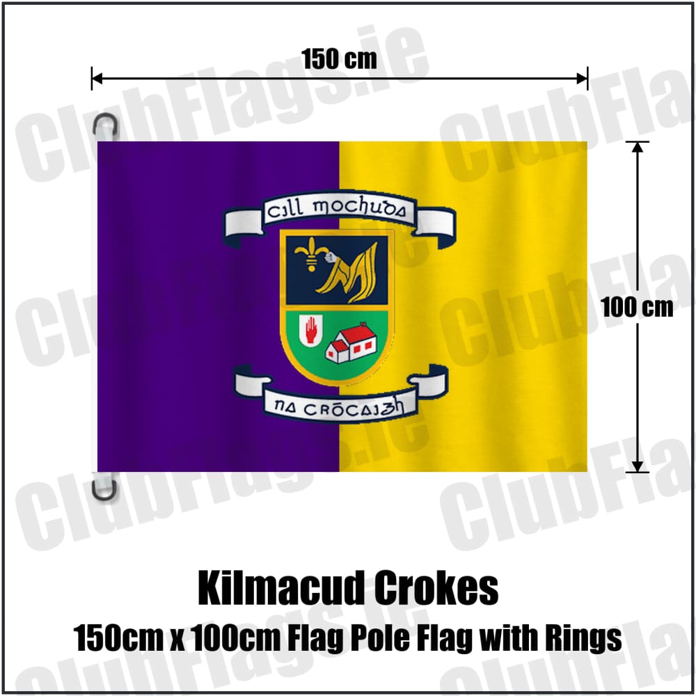 Kilmacud Crokes 150cm x 100cm Flag Pole Flag with Rings in purple and gold, featuring the club crest on realistic fabric with gentle vertical folds; County Dublin GAA. ClubFlags.ie.