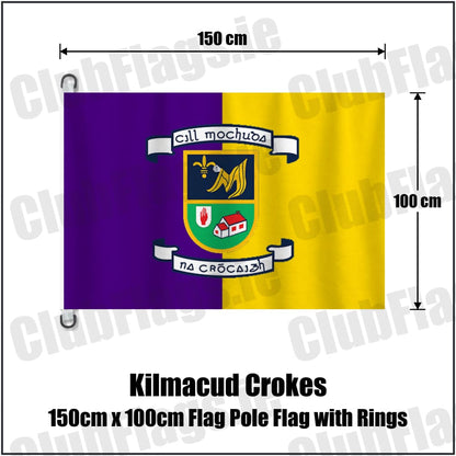 Kilmacud Crokes 150cm x 100cm Flag Pole Flag with Rings in purple and gold, featuring the club crest on realistic fabric with gentle vertical folds; County Dublin GAA. ClubFlags.ie.