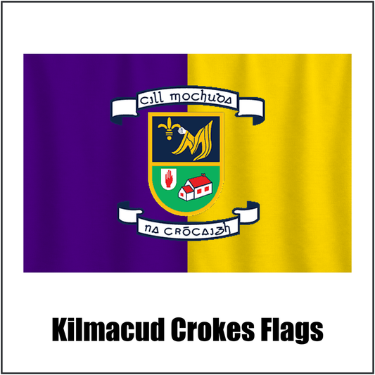 Kilmacud Crokes Flags, featuring the club crest and purple and gold colours; County Dublin GAA. ClubFlags.ie.