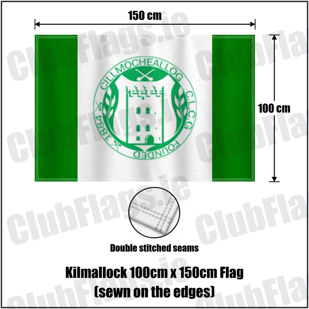 Kilmallock 100cm x 150cm Flag (sewn on the edges) in green and white, featuring the club crest on realistic fabric with gentle vertical folds; County Limerick GAA. ClubFlags.ie.