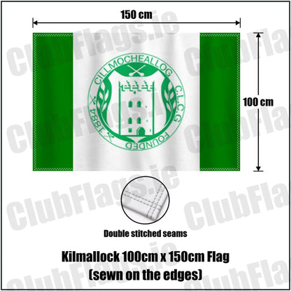 Kilmallock 100cm x 150cm Flag (sewn on the edges) in green and white, featuring the club crest on realistic fabric with gentle vertical folds; County Limerick GAA. ClubFlags.ie.