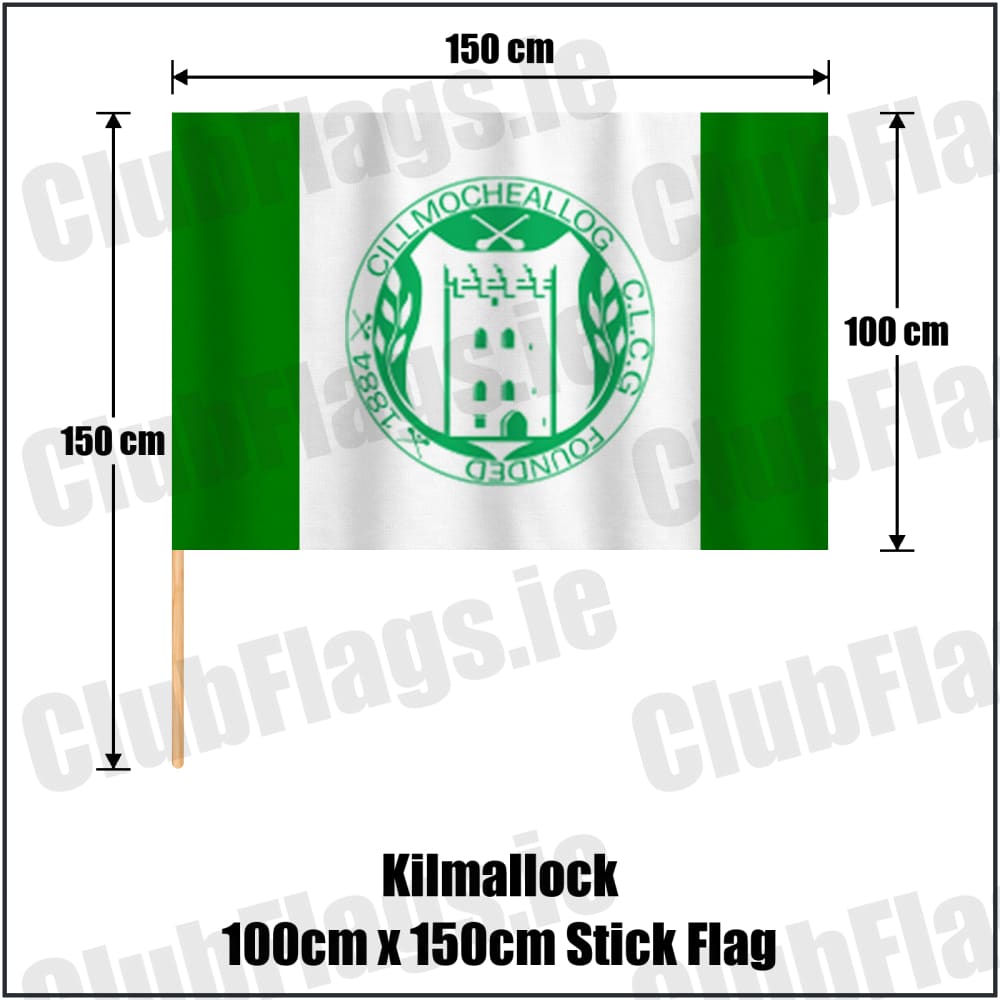 Kilmallock 100cm x 150cm Stick Flag in green and white, featuring the club crest on realistic fabric with gentle vertical folds; County Limerick GAA. ClubFlags.ie.