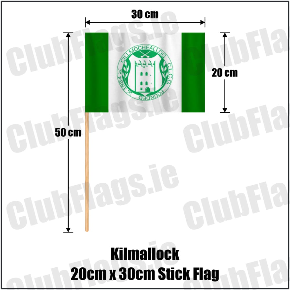 Kilmallock 20cm x 30cm Stick Flag in green and white, featuring the club crest on realistic fabric with gentle vertical folds; County Limerick GAA. ClubFlags.ie.