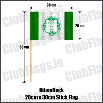 Kilmallock 20cm x 30cm Stick Flag in green and white, featuring the club crest on realistic fabric with gentle vertical folds; County Limerick GAA. ClubFlags.ie.