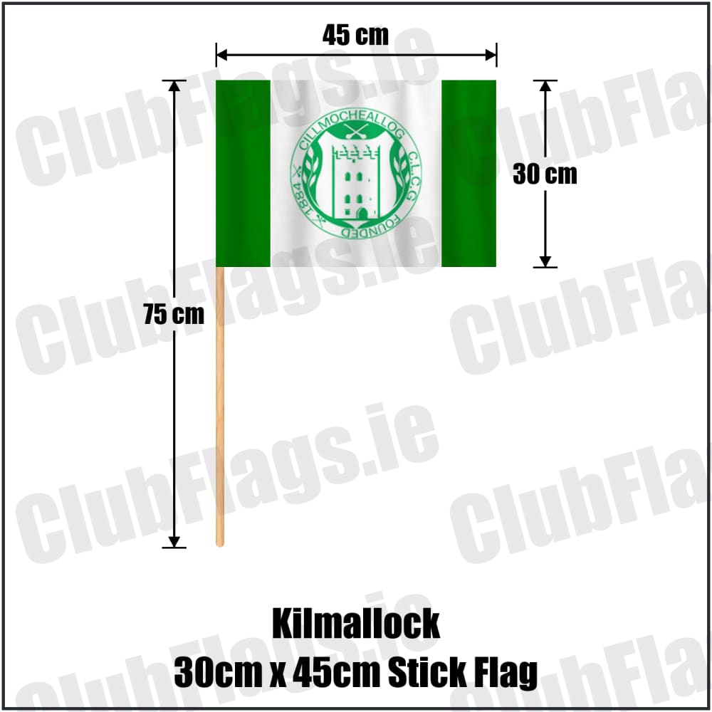 Kilmallock 30cm x 45cm Stick Flag in green and white, featuring the club crest on realistic fabric with gentle vertical folds; County Limerick GAA. ClubFlags.ie.