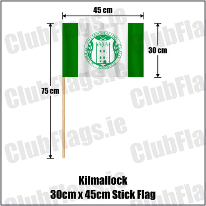 Kilmallock 30cm x 45cm Stick Flag in green and white, featuring the club crest on realistic fabric with gentle vertical folds; County Limerick GAA. ClubFlags.ie.